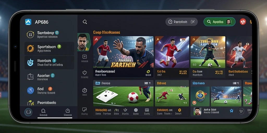 Tampilan aplikasi AP686 dengan fitur taruhan sports yang menarik.