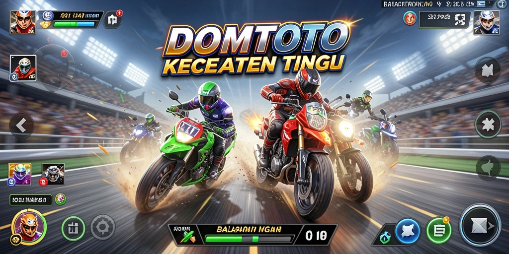 Tampilan seru balapan di DOMTOTO dengan kendaraan dan trek yang beragam.