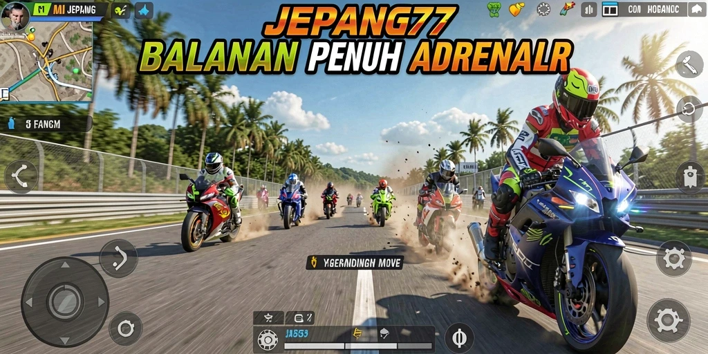 Screenshot gameplay JEPANG77 menampilkan balapan motor yang intens dan cepat.
