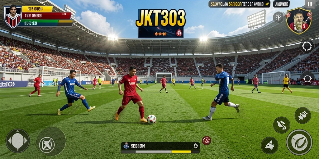 Tampilan gameplay JKT303 dengan aksi sepak bola yang intens.