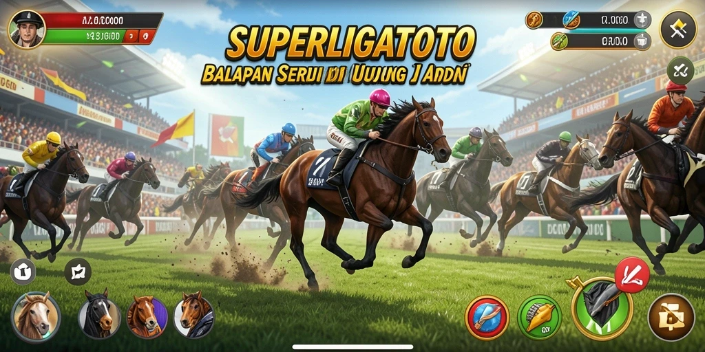 Screenshot gameplay <strong>SUPERLIGATOTO</strong> menampilkan balapan seru dengan mobil yang cepat.